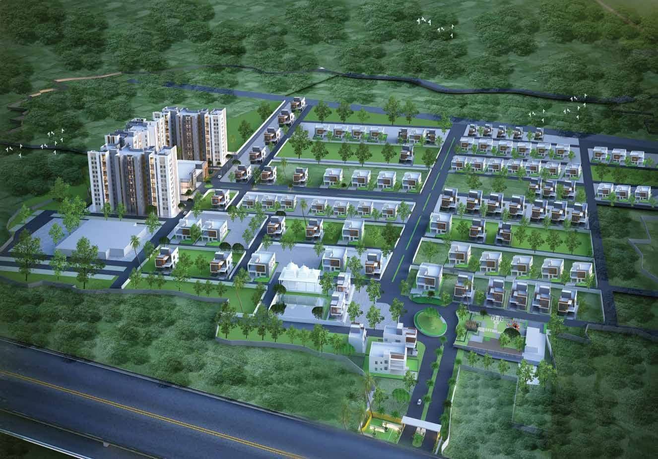 Aerial view of Nalanda Fortune Park: apartment blocks beside rows of bungalows