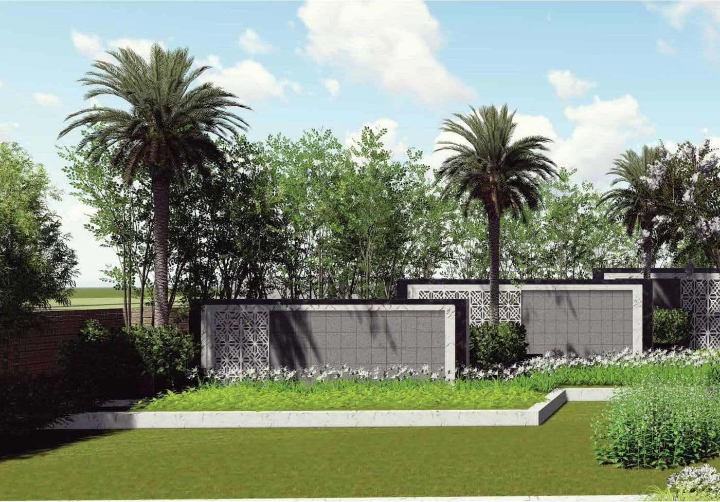 Landscaped open space with palms and lawns