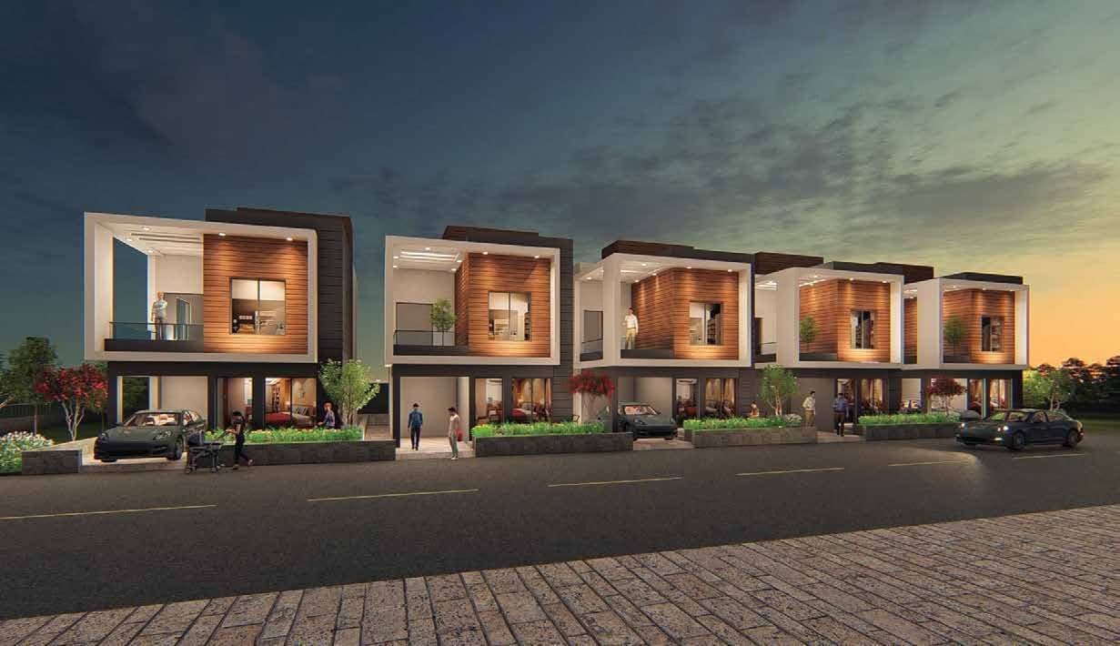 A row of houses at dusk